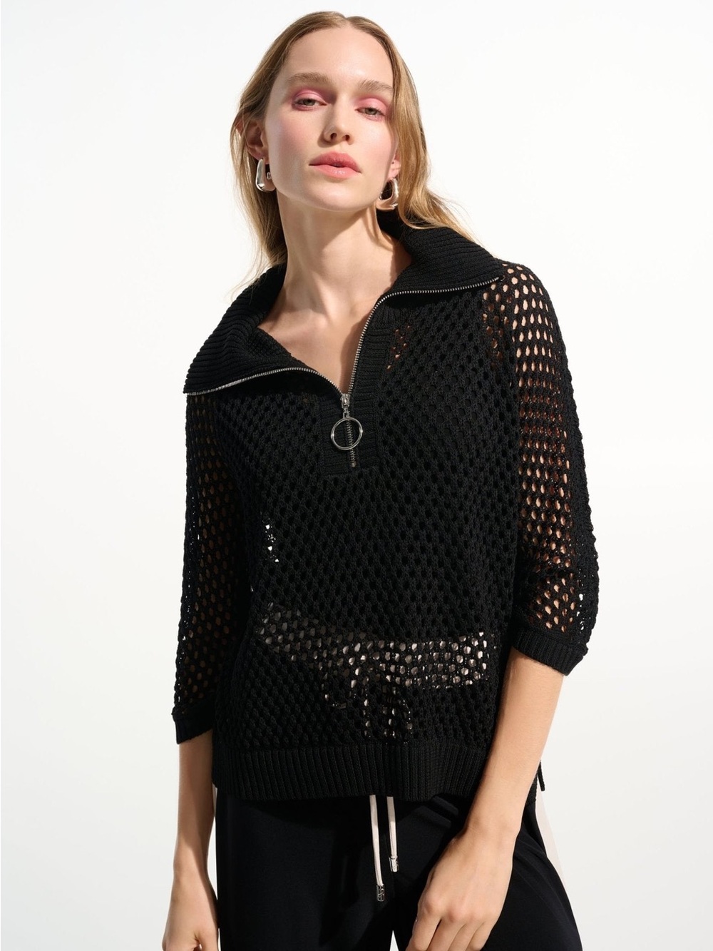 NWT Joseph Ribkoff Boxy Sweater with Zipped Neckline - Black